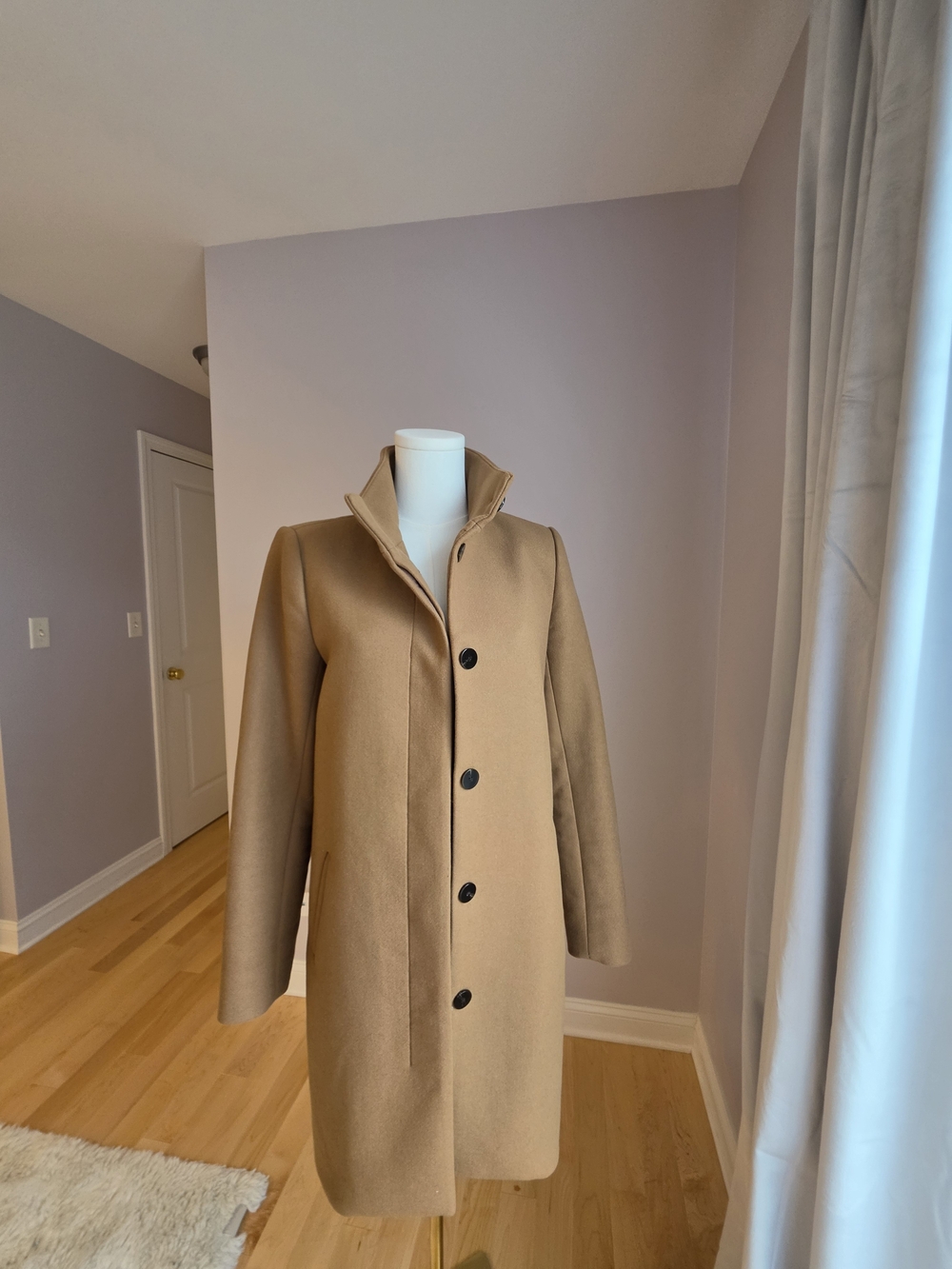 Theory Men's Camel Wool Pea Coat with Stand Collar